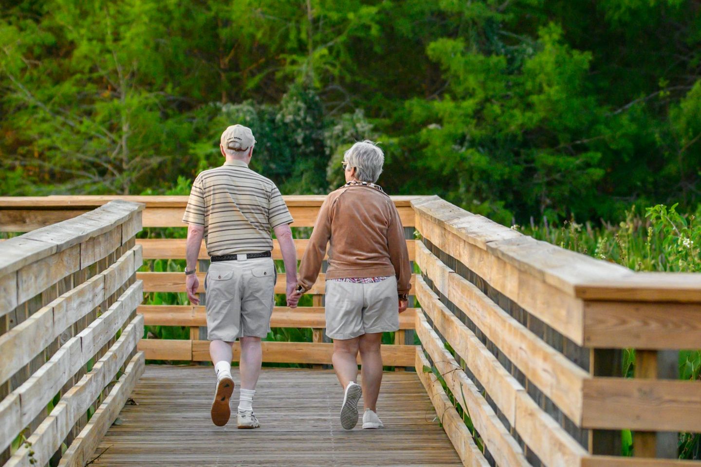 Pareja de personas mayores paseando de la mano por una pasarela de madera rodeada de árboles, vista de espaldas