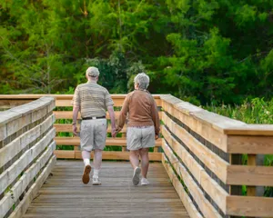 Pareja de personas mayores paseando de la mano por una pasarela de madera rodeada de árboles, vista de espaldas